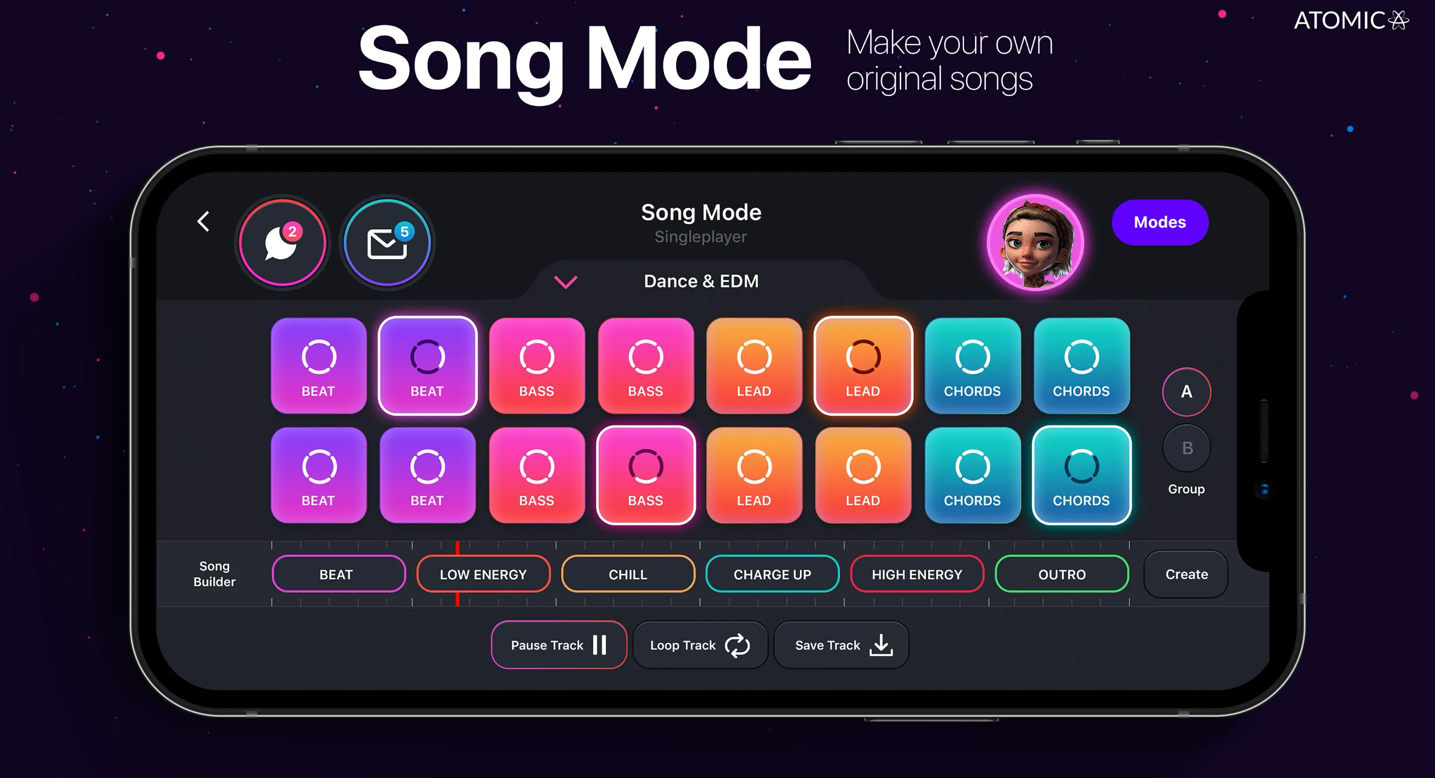 Starsound Song Mode grid of beat, bass, lead, and chord pads building an original track