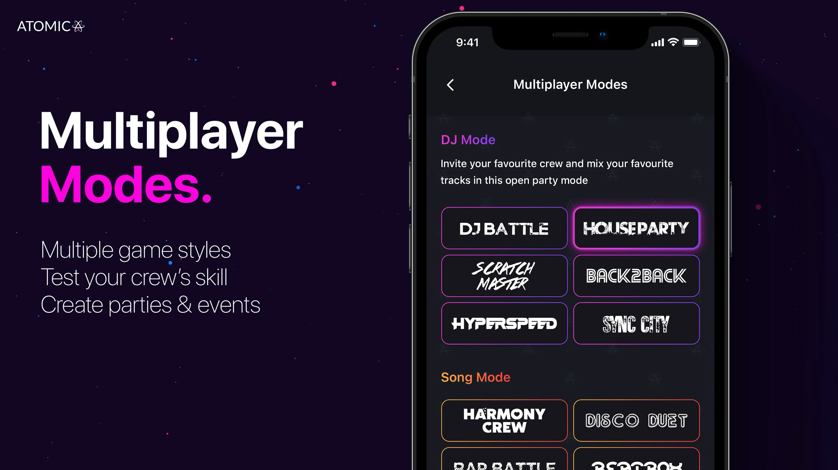 Starsound multiplayer mode list, from DJ Battle and House Party to Harmony Crew