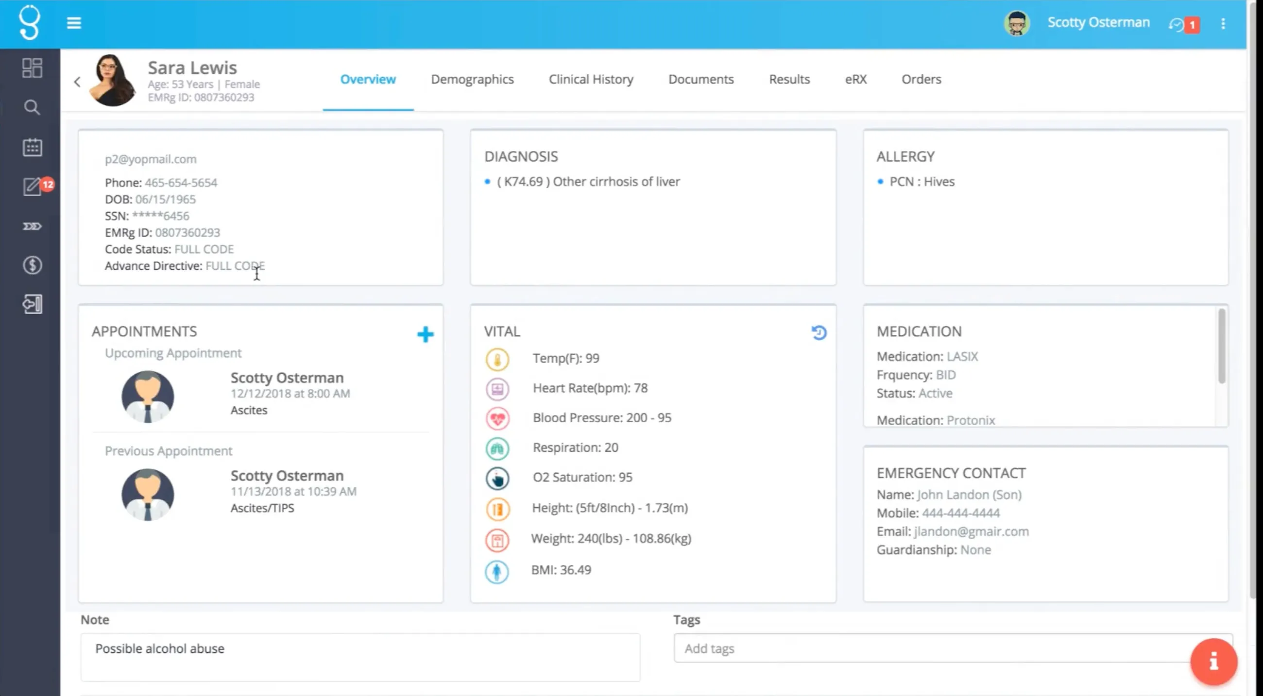 EMRg patient overview showing diagnosis, vitals, and medications for a demo patient record