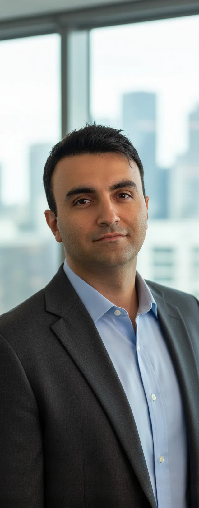 Taha Asadi in a suit before a city skyline