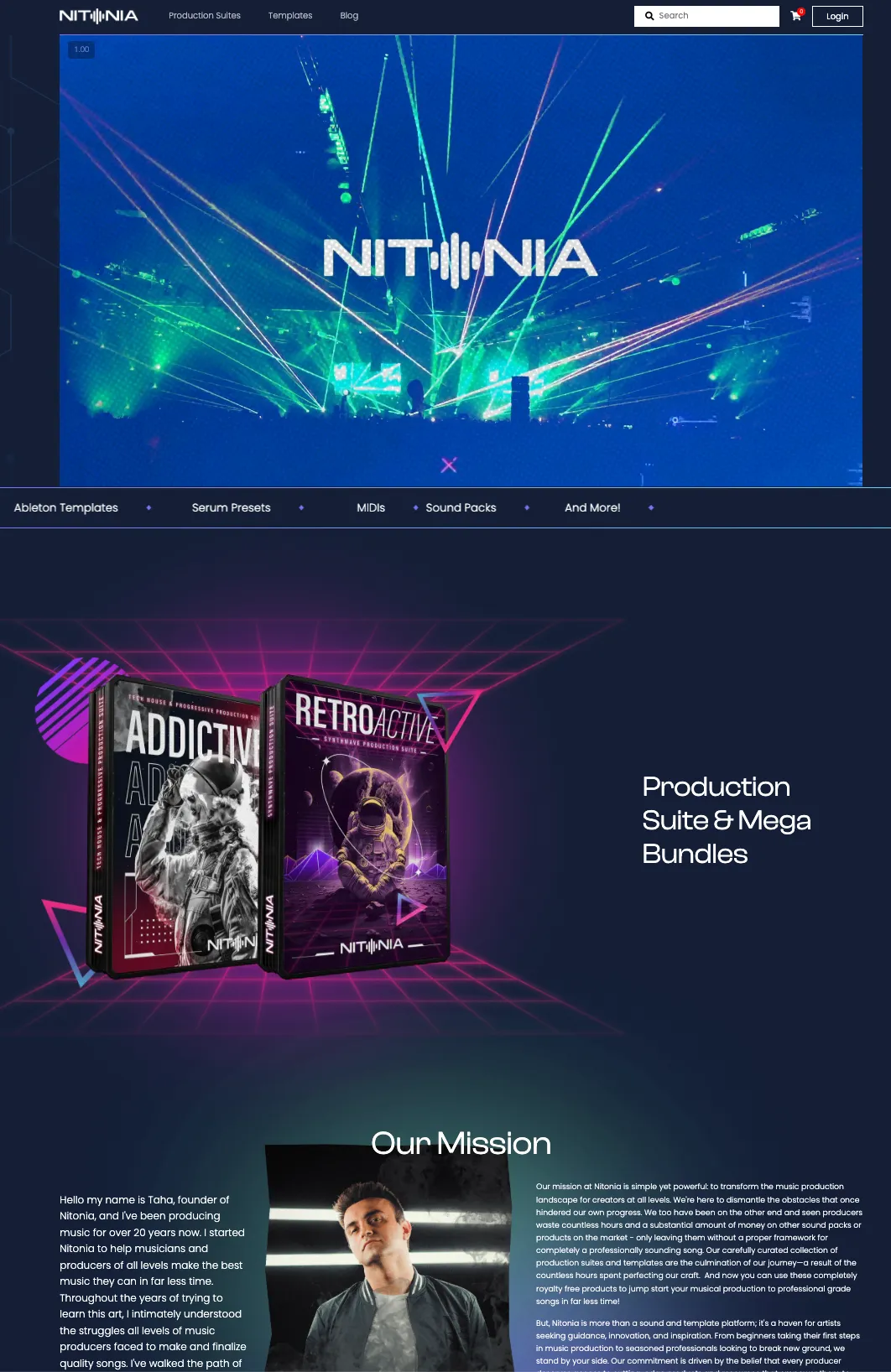 Nitonia storefront homepage with production suites, templates, and sound packs for electronic music