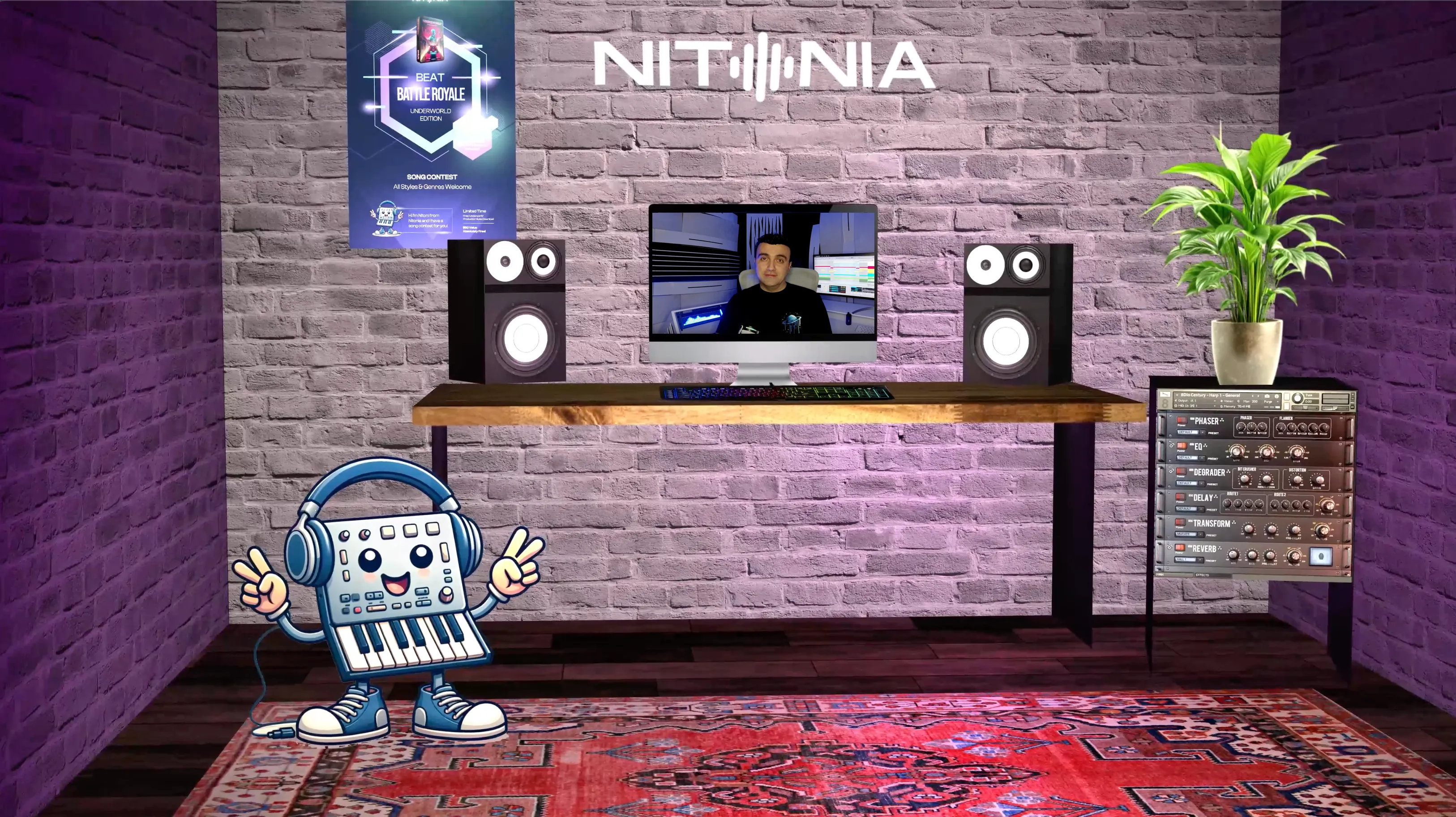 Nitonia virtual studio set with the brand mascot, studio monitors, and an effects rack
