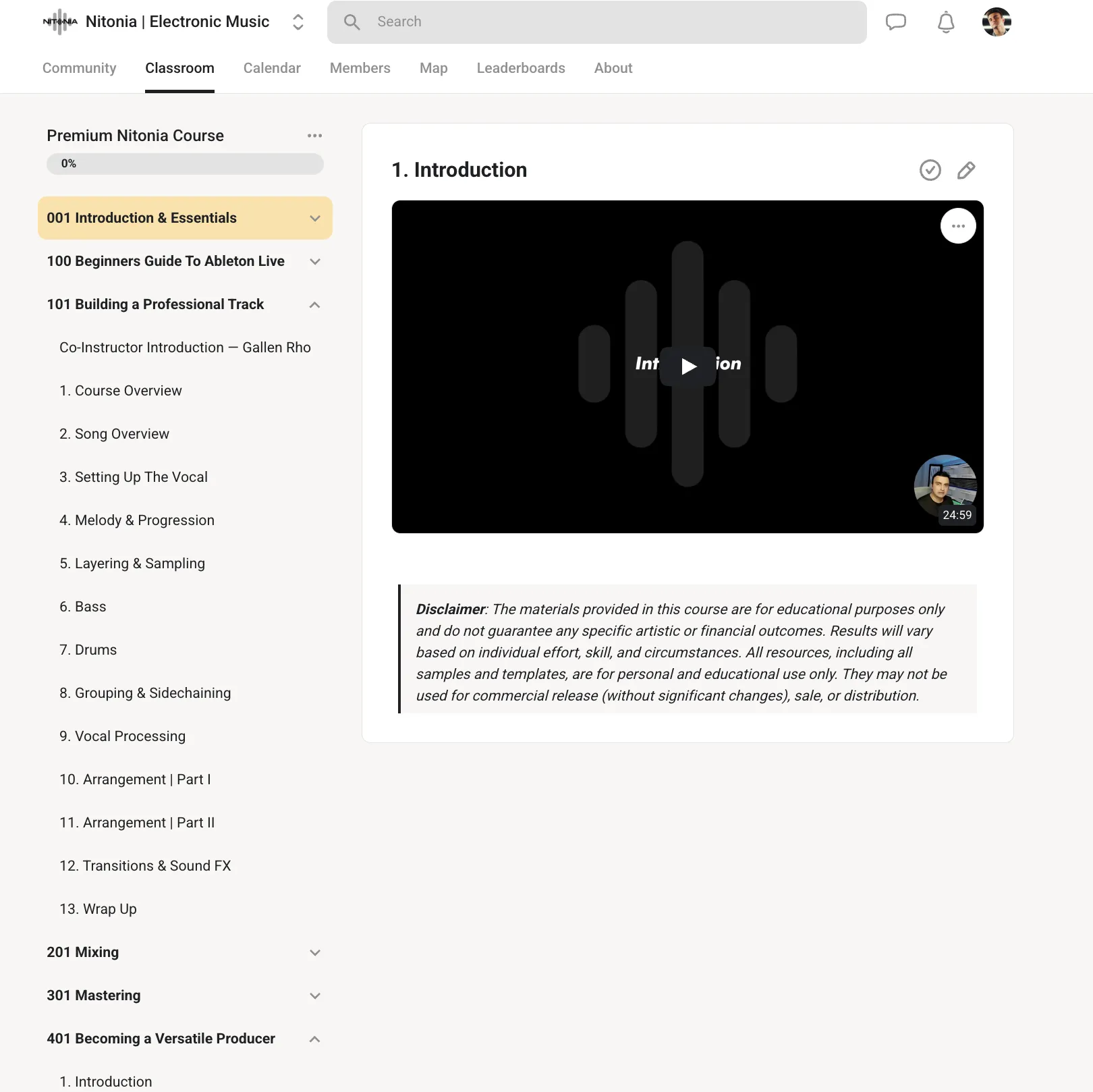 Nitonia classroom with the Premium Nitonia Course curriculum: modules from Introduction and Essentials through Mixing, Mastering, and Becoming a Versatile Producer