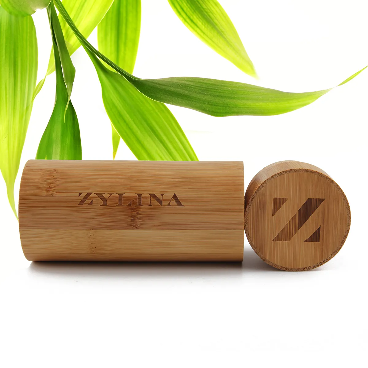 Zylina engraved bamboo sunglasses case with a round logo-stamped lid