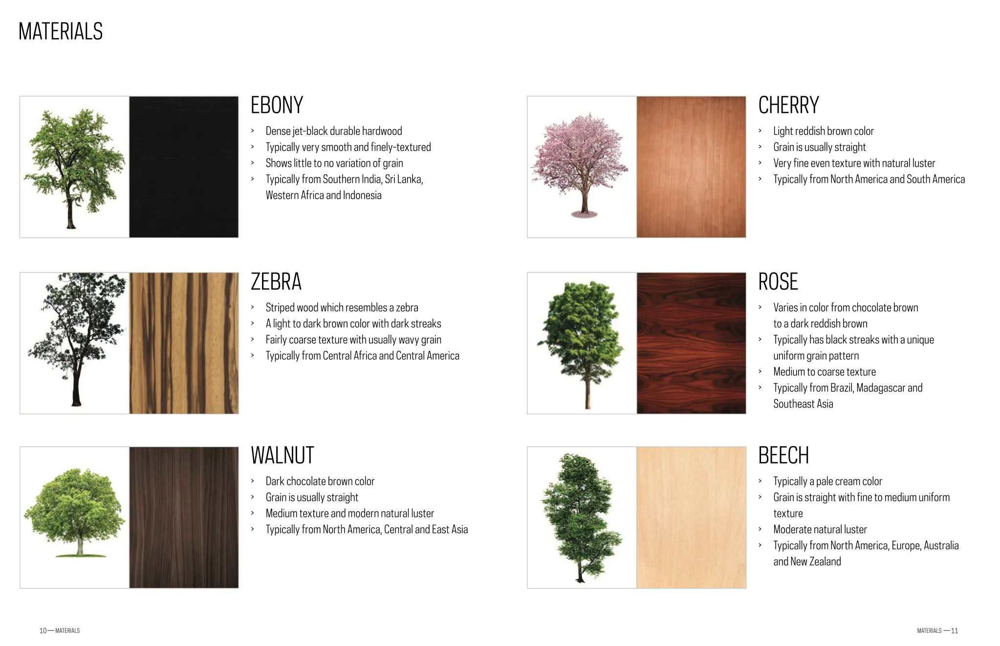 Zylina catalog spread of frame materials: ebony, zebra, walnut, cherry, rose, and beech woods